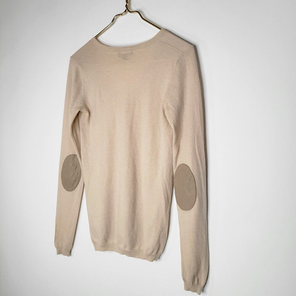 PINK TARTAN Beige Cashmere Sweater Size XS Leather Elbows Neutral Preppy